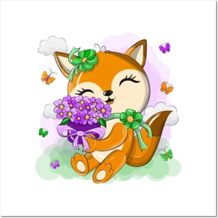 Cute orange fox with a bouquet of flowers Posters and Art